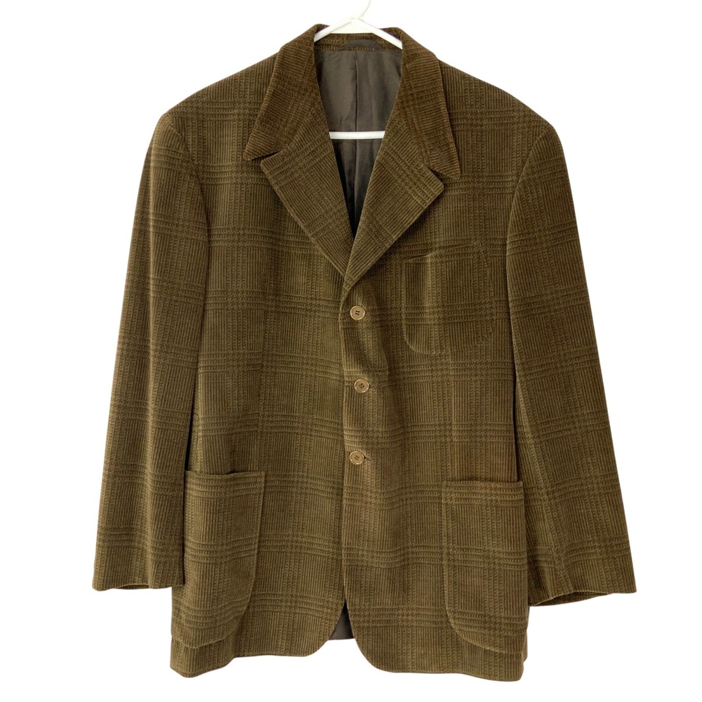 Romeo Gigli Brown Green Glen Plaid Velvet Blazer 42 Button Notch Long Sleeve